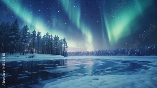 Frozen lake under aurora borealis winter landscape