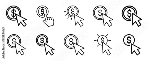 Digital online payment and earning icons set with mouse clicks