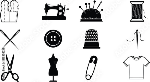Sewing icon set, black white vector, garment tools, needle thread, sewing machine, thimble button, scissors, dress form, craft design