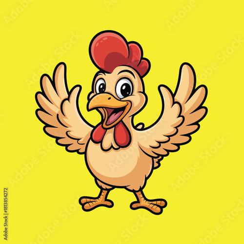 Joyful Cartoon Chicken Mascot With Raised Wings