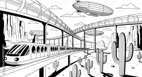 Futuristic monorail train traveling through a desert canyon landscape.