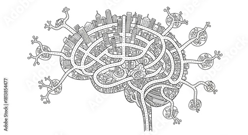 Intricate Brain Maze with Cityscape and Neural Connections.