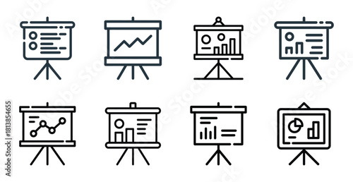 Presentation board icons set displaying charts and lists data