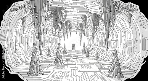Monochrome Cave Interior with Stalactites and Geometric Floor.