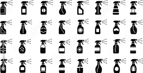 Spray bottle icon set, black white vector, nozzle design, mist spray, cleaning container, cosmetic bottle, product silhouette, household tool