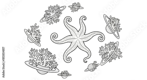 Starfish Surrounded by Coral Planets Coloring Page.