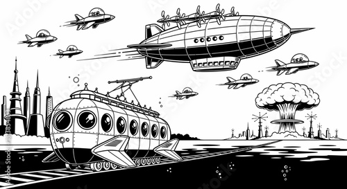 Steampunk Airships and Futuristic Cityscape with Nuclear Explosion.