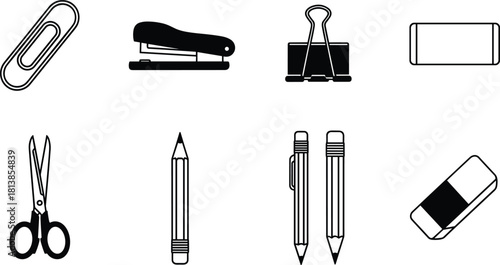 Stationery icon set, black white vector, paperclip stapler eraser, scissors pencil binder clip, school office supplies, writing tools