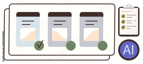 Three infographic panels, checkmark, clipboard, and AI symbol. Ideal for teamwork, productivity, data management, automation, decision-making technology simple flat metaphor