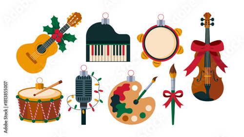 Instrument Ornaments: A vibrant collection of musical instruments and artistic tools transformed into festive ornaments, celebrating the joy of creativity and the holiday season.