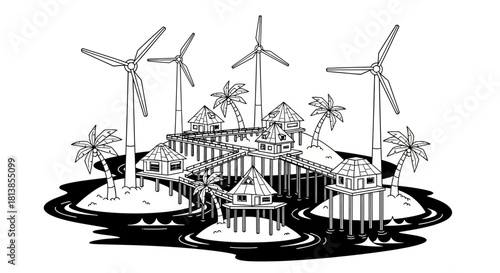 Tropical Island Resort with Wind Turbines and Overwater Bungalows.