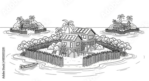 Tropical Island Village with Stilt Houses and Solar Panels.