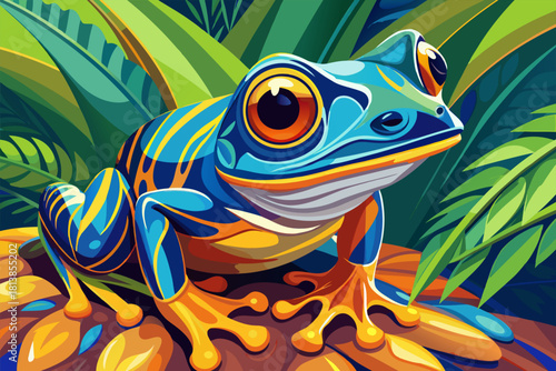Vibrant Blue Frog with Stripes in a Lush Green Jungle Setting.