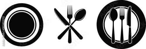 Table setting icon set, black white vector, plate fork knife spoon, dining layout, restaurant symbol, food service, etiquette design