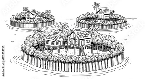 Tropical Island Village with Stilt Houses and Solar Panels.
