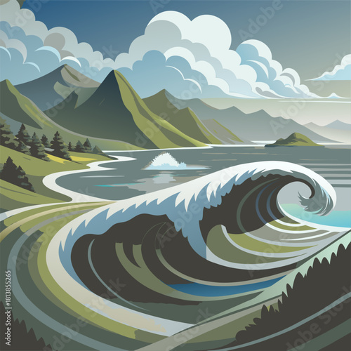 Large Wave Swelling Near the Beach with a Stunning Mountain Backdrop.