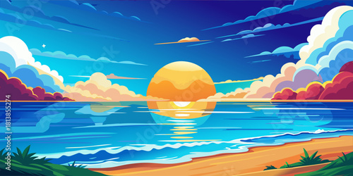 Peaceful beach with large sun and calm waves at dusk.