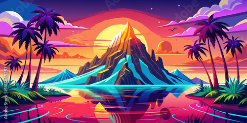 A vibrant tropical island landscape with a volcano at sunset.