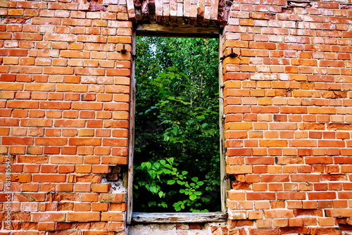 Fenêtre ouverte sur le jardin. Maison en brique rouges en ruine;