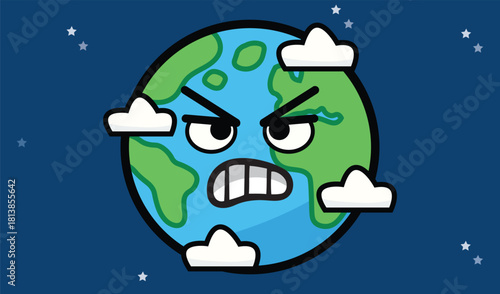 cartoon style Angry Earth Cartoon illustration Blue and Green Globe with Facial Expression for Environmental Awareness and Climate Change Graphics