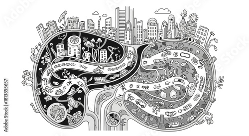 Artistic depiction of environmental impact and urban development.