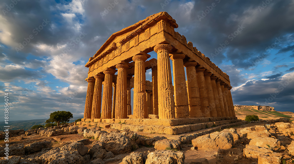 Obraz premium Ancient Greek Temple Columns Stone Structure Golden Hour doric columns stone architecture