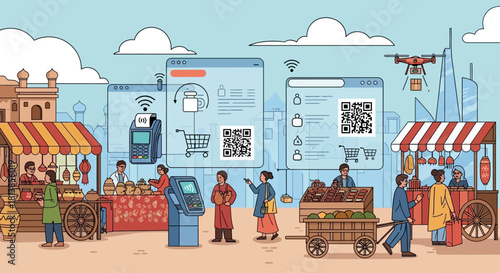 Digital transformation of traditional marketplace with online shopping and payment methods.