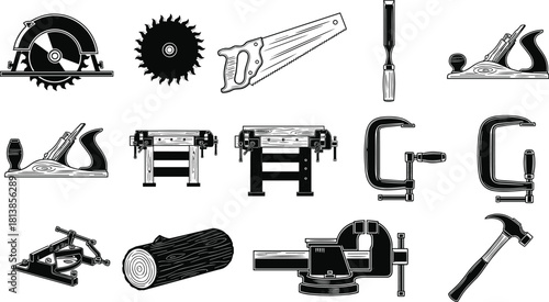Woodworking tool icon set, black white vector, saw chisel hammer, clamp vise plane, workbench log, carpentry equipment, cutting tools