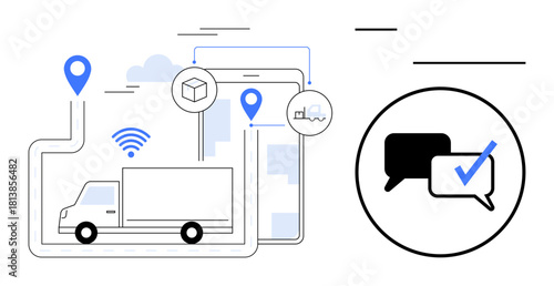 Truck navigating with route map, location pins, cargo box, communication icons, and confirmation checkmark. Ideal for logistics, delivery, supply chain, tracking communication planning efficiency
