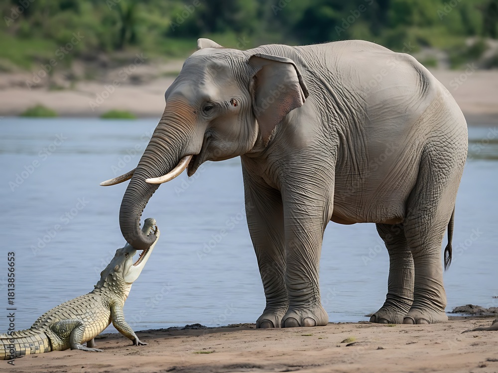 Fototapeta premium Elephant on Riverbank Bitten by Small Crocodile