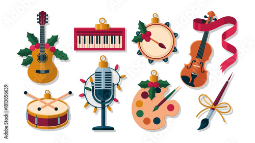 Melody of Christmas: A collection of festive ornament illustrations showcasing a variety of musical instruments and art supplies, decorated with holly and lights.