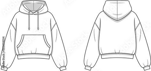 “Detailed cropped hoodie fashion flat sketch showing front and back views, technical garment drawing for apparel designers and clothing manufacturers