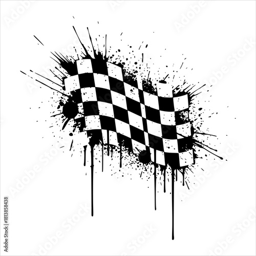 Illustration of a grunge-style checkered racing flag with ink splatter and paint drip effects. High-energy look suitable for motorsport designs, racing event posters, and speed-themed graphic needs.