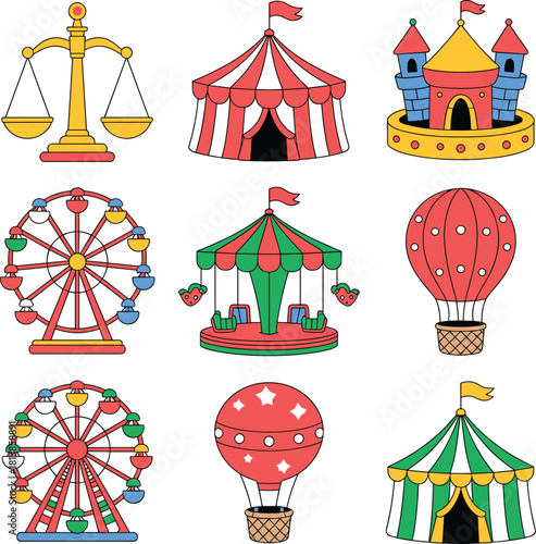 A colorful vector icon set illustration featuring various amusement park, fairground, and circus attractions like tents, Ferris wheels, balloons, and a castle.