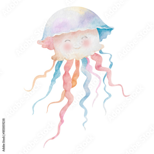 Jellyfish, pastel colored cartoon sea creature with tentacles hand drawn watercolor illustration isolated on white. Bright underwater clipart for children's games and activities, ocean, marine design