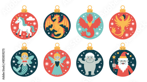 Festive Ornaments with Mythical Creatures: A collection of vibrant, intricately designed ornaments showcases an array of fantastical creatures, including unicorns, dragons, phoenixes, fairies, Yetis.