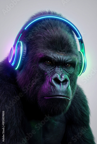 Wallpaper Mural Gorilla portrait with neon headphones - futuristic primate character Torontodigital.ca