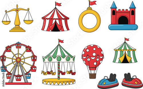 A colorful cartoon vector icon set illustration of amusement park and circus attractions including rides, tents, and bumper cars.
