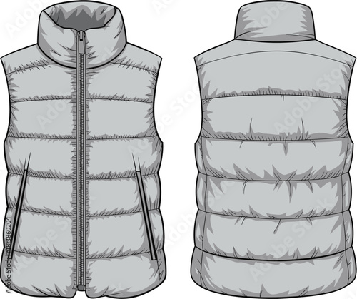 “Puffer vest front and back technical fashion sketch, winter padded sleeveless jacket CAD drawing flat vector illustration design detail”