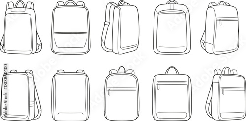 Backpack front side and angle views template, bag technical outline sketches for product design, cad drawing flat vector illustration mockup