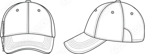 Baseball cap cad drawing flat vector illustration, detailed technical line art hat design template for fashion product development and presentation