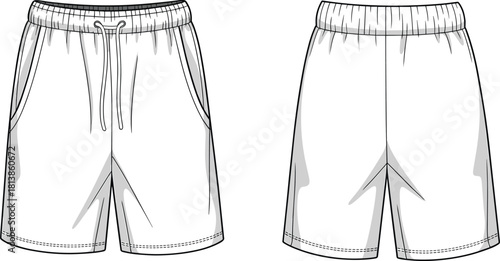 Basic shorts technical sketch, front and back view, fashion flat drawing, garment construction, vector illustration, CAD apparel template