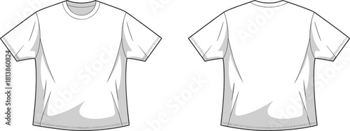 Blank white t-shirt front and back technical fashion sketch, detailed apparel template for designers, cad drawing flat vector illustration