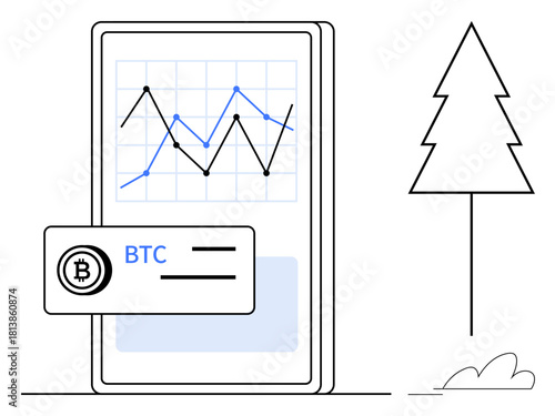 Smartphone displaying cryptocurrency trading chart with Bitcoin card overlay, outlined tree, and ground. Ideal for finance, tech, investment, trading, blockchain, analysis simple flat metaphor