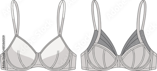 Bra technical fashion sketch, front views, basic and layered cup design, strap and band detail, cad drawing flat vector illustration