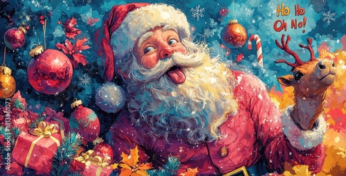 Digital painting of Santa Claus with reindeer and christmas balls. Christmas Greeting Card with Santa Claus and Copy Space.
