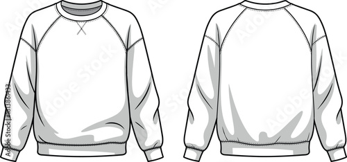 Crewneck sweatshirt technical fashion sketch, front and back view, raglan sleeves, ribbed cuffs and hem, cad drawing flat vector illustration