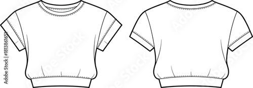 Cropped short sleeve t shirt CAD drawing, technical flat vector fashion illustration showing front and back garment design details with stitching