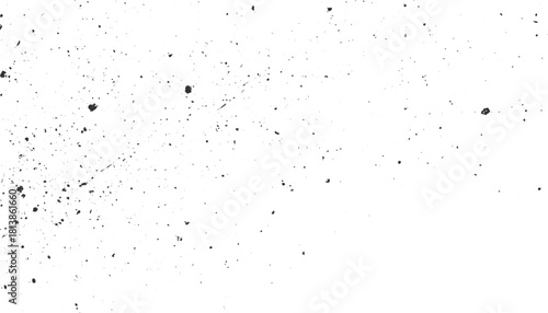 Black ink splatters and dots scattered on a white background abstract