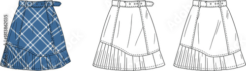 Fashion skirt technical flat sketch with pleated hem and belted waist, plaid and clean versions, apparel design cad drawing flat vector illustration